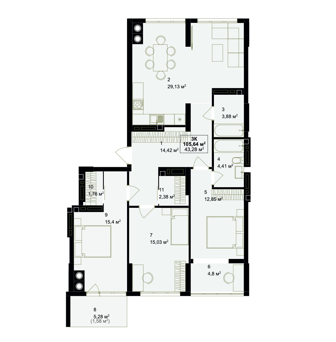 Планування 3кімнатної квартири